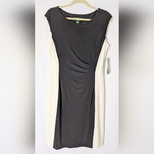 Lauren Ralph Lauren Women's Cocktail Dress Black & White Draped Waist Sz 14 NWT